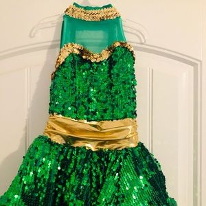 Green and Gold sequin girls Jazz dance costume